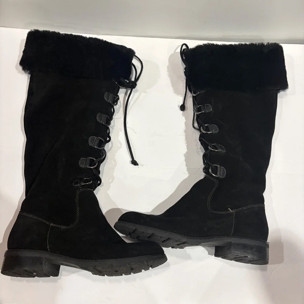 Sofft Black Suede Shearling Fur Trim Lace Up Tall Winter Boots Womens 6M Y2K